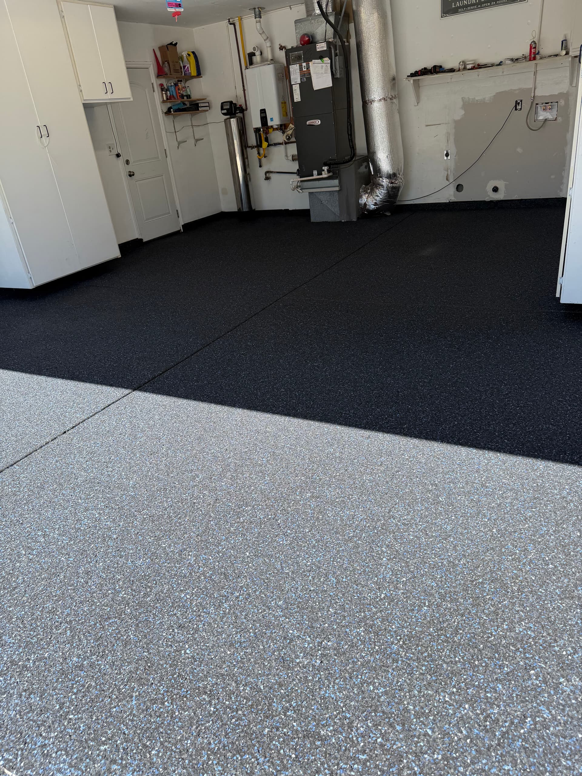 Custom Blue Spec Flake Epoxy Garage Floor in Antelope image