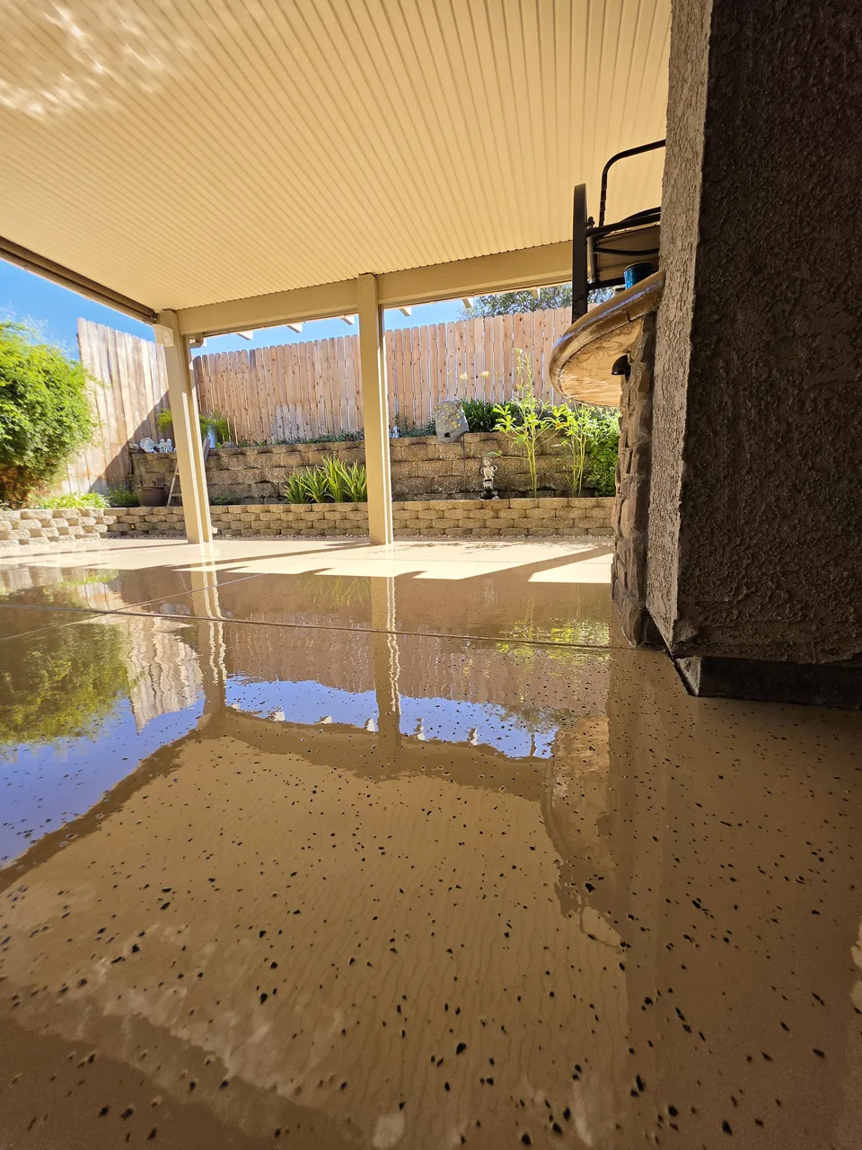 Reflections of the patio cover in the high-gloss topcoat
